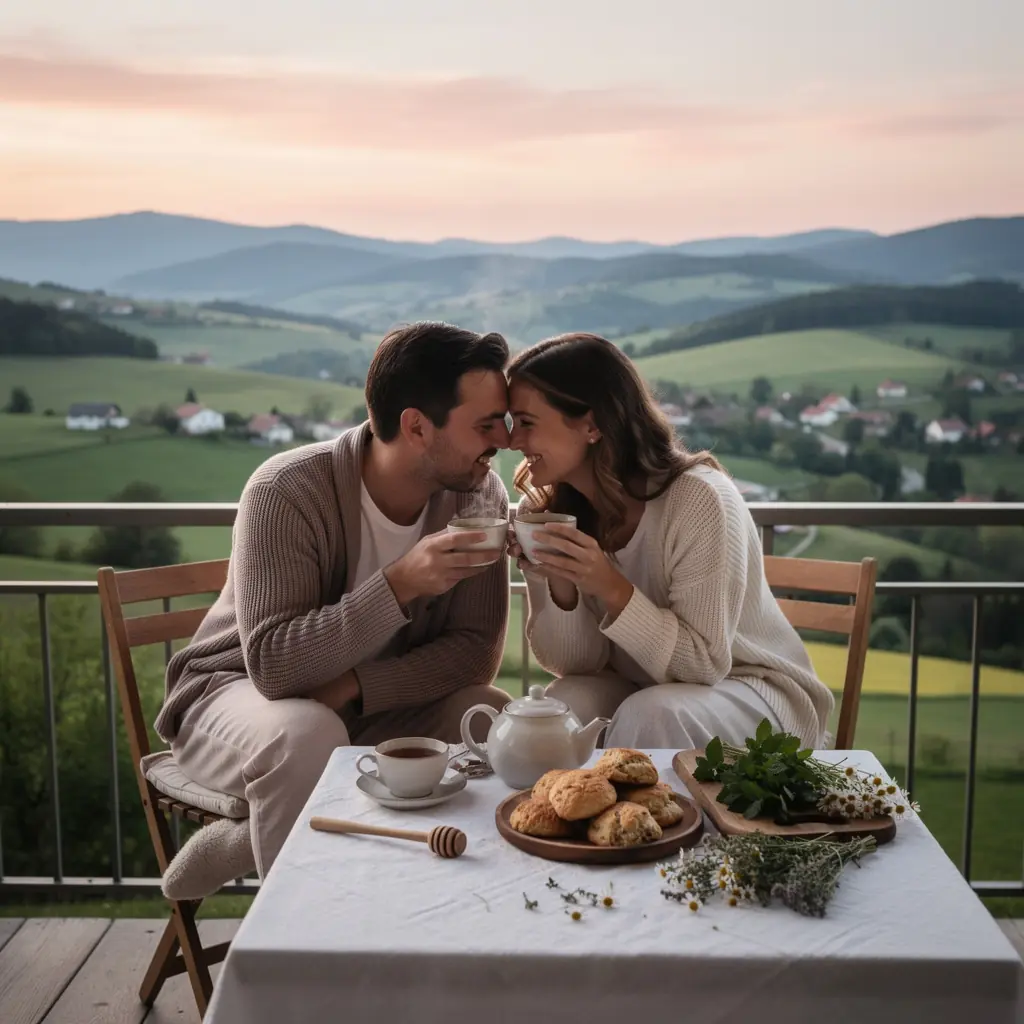 Rodina užívajúca si čas spolu s šálkami bylinkového čaju na terase