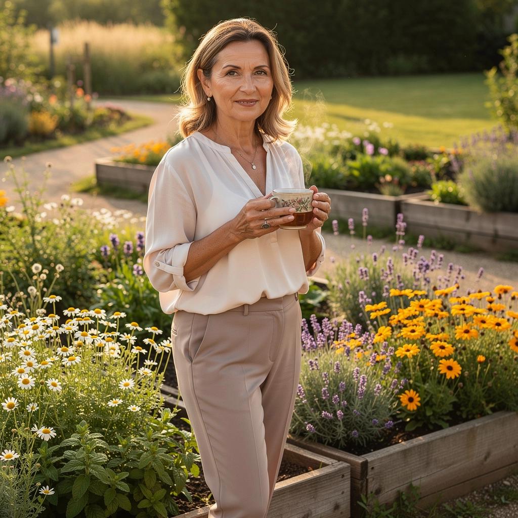 Mladá žena si vychutnáva šálku čaju na balkóne s výhľadom na les